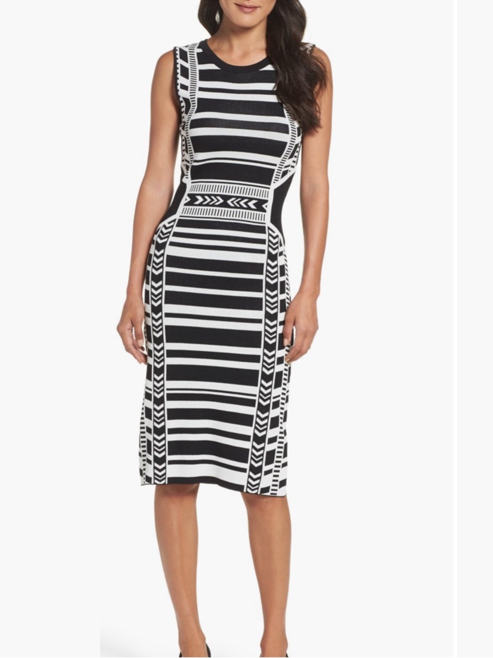 Vince Camuto B&W Striped artwork bodycon Dress-Petite